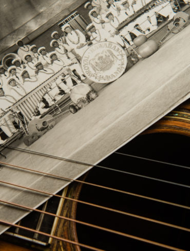 detail on guitar strings with historic hawaii photo