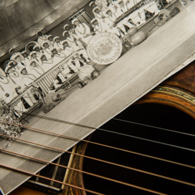 detail on guitar strings with historic hawaii photo