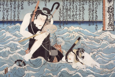 artwork of man and woman snorkeling in ocean