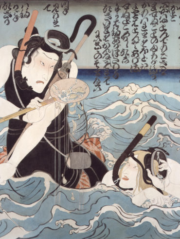 artwork of man and woman snorkeling in ocean