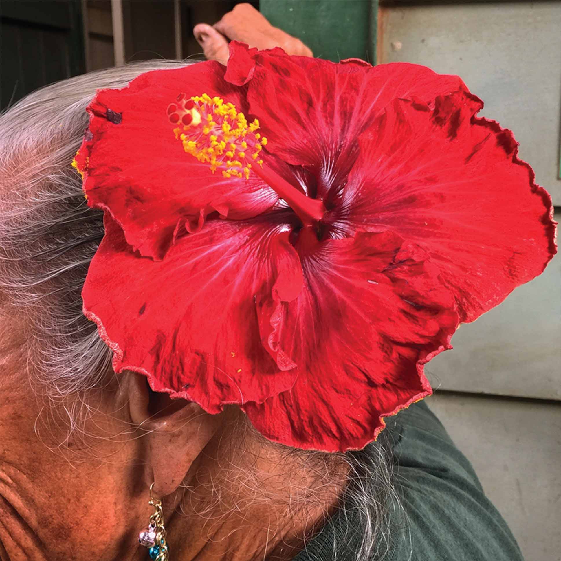 a red flower headpiece